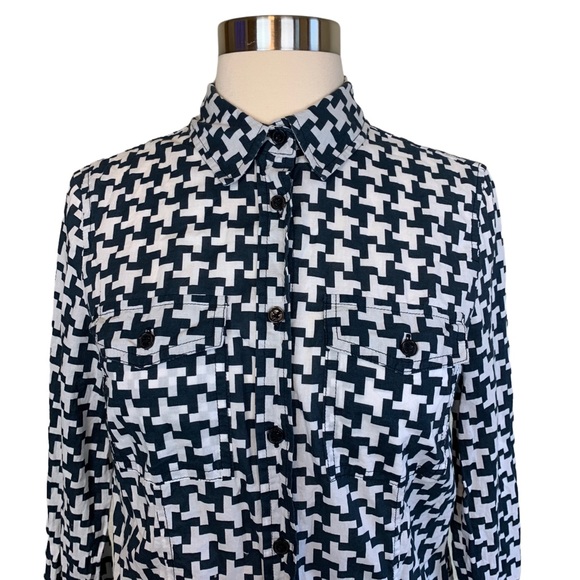 MICHAEL Michael Kors Navy White Cotton Button Down Printed Career Blouse Top S - Picture 2 of 10